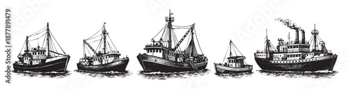 A line of illustrated fishing boats in black and white creates a vintage, nautical feel, suitable for maritime themes.
