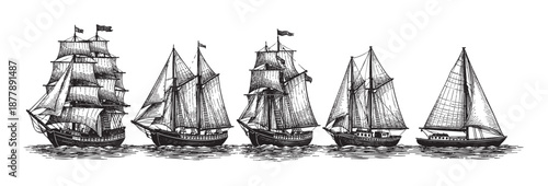 Black and white engraving of various sailing ships, evoking a vintage nautical vibe, perfect for book illustrations, logo designs, or historical content.