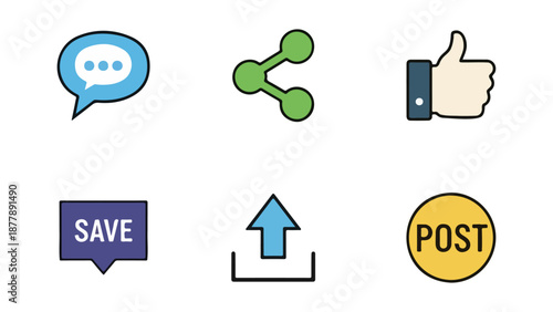 Social media icons for communication, sharing, and engagement isolated on white background, Vector, illustration