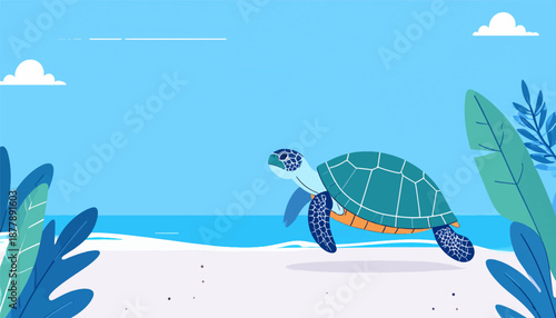 Cartoon turtle swims near a sandy beach with lush green and blue foliage