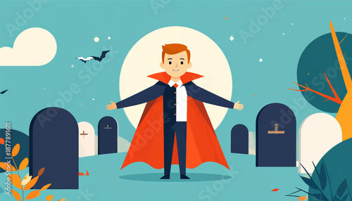Cartoon vampire stands in a cemetery with bats flying under a large moon