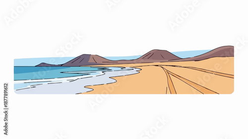 Coastal scene with sandy beach, rolling hills, and ocean waves under a light blue sky