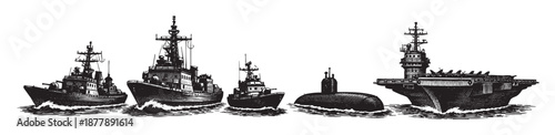 A stark black and white vector illustration shows a fleet of naval ships, including a submarine and aircraft carrier, conveying maritime strength and defense.