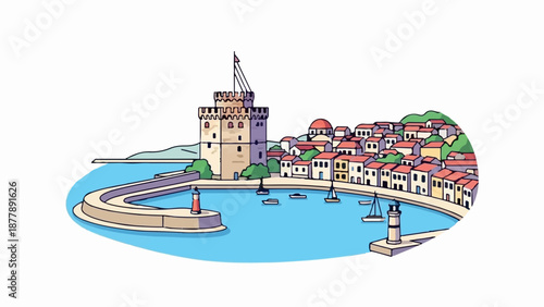Coastal town with a prominent tower and harbor filled with sailboats