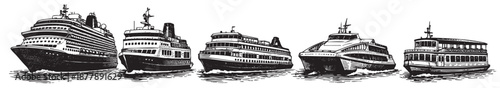 A black and white line drawing shows a fleet of passenger ferries, including cruise ships, traveling on the water.