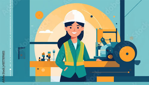 Cartoon woman in hard hat and vest in front of industrial machinery, with a large yellow sunburst