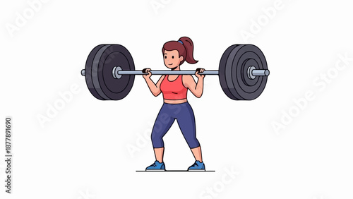 Cartoon woman in athletic wear lifting a heavy barbell, posed for strength training
