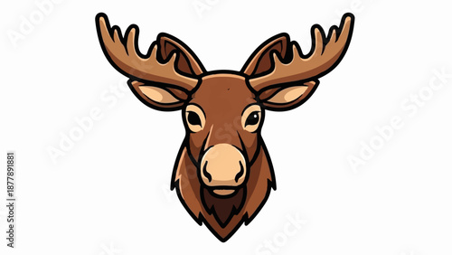 Cartoonish brown moose head with large, multi-pointed antlers and wide-set eyes