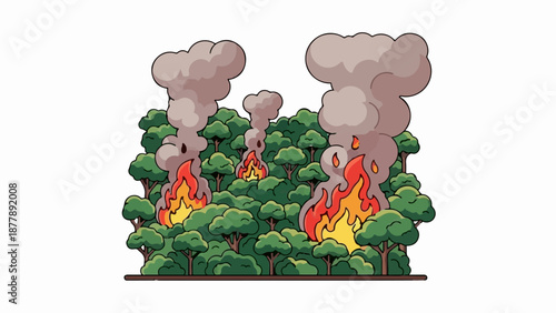 Cartoonish depiction of a dense forest engulfed in flames with thick smoke plumes rising