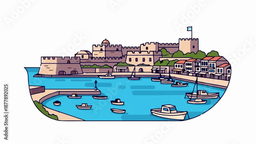Artistic pixelated view of a harbor with fortified walls, boats, and waterfront buildings