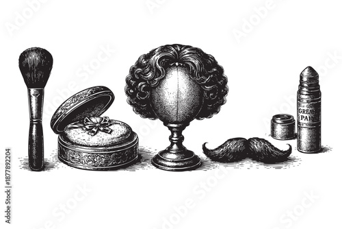 Antique cosmetics still life against a white background features a brush, powder box, wig stand, moustache, and vintage packaging with crosshatch engraving texture.