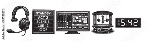 Isolated on white, this image showcases stage production equipment; headset, stage directions slate, computer console, stagecraft machine, and digital clock.