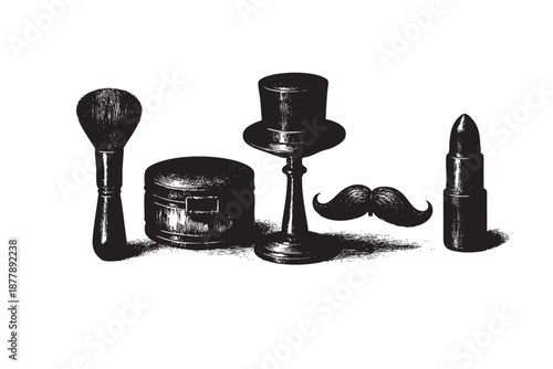 Black and white illustration of vintage cosmetics, including a brush, powder, hat stand, mustache, and lipstick. Decorative and elegant. Perfect for beauty or vintage concepts.