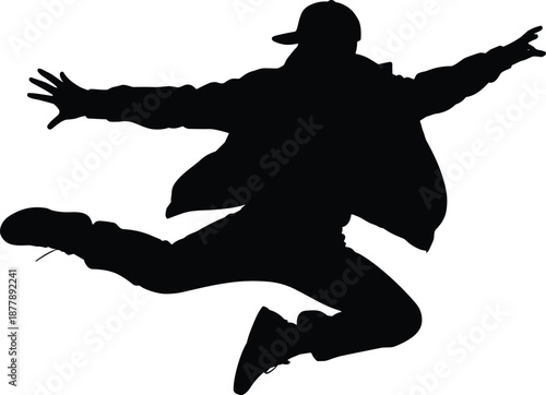 Energetic male hip hop dancer silhouette jumping with dynamic movement in urban street style against white backdrop expressive contemporary dance performance for youth culture music entertainment and