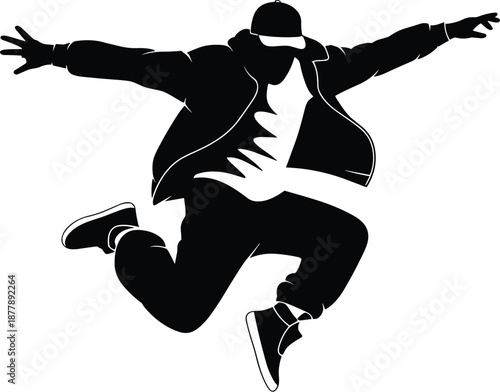 Energetic silhouette dancer jumping high with outstretched arms expressive modern hip hop dance performance in dynamic action casual street style clothing for youth culture entertainment events and ar