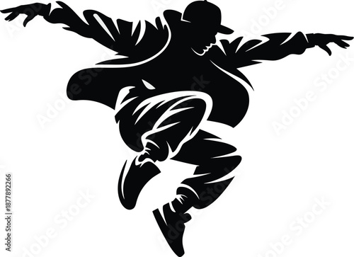 Dynamic silhouette of a hip hop street dancer in mid-air jump performing urban dance moves artistic vector illustration for music events dj posters club flyers creative arts culture youth lifestyle gr
