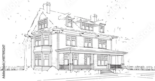 Detailed Line Art Illustration of a Traditional American House with Porch and Dormer Windows