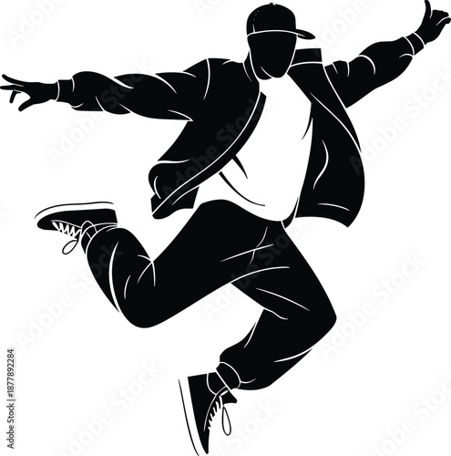 Energetic hip hop dancer jumping silhouette illustration performing breakdance street dance in urban style with dynamic movement youthful energy for music events dance competitions creative arts enter
