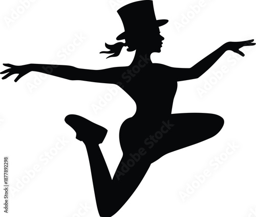 Elegant silhouette of a woman dancer in a top hat performing a graceful leap artistic expression theatrical performance vector illustration for dance academy event promotion stage show advertisement e