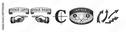 Hand drawn illustration of stage direction symbols isolated on white, including stage left/right, a target, stage diagram, and upward arrows.