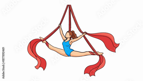 Artistic woman in blue leotard performs aerial silks split with red fabric