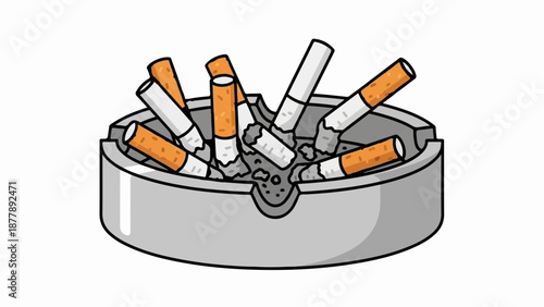 Ashtray overflowing with discarded cigarette butts, a pile of ash in the center, and a grey metal base