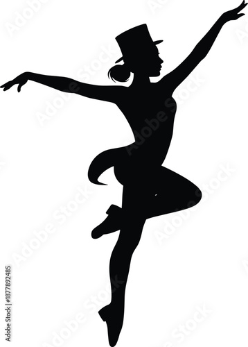 Elegant silhouette of a female dancer in top hat performing expressive dance choreography graceful movement in spotlight artistic performance for theater poster stage show vector illustration dance sc