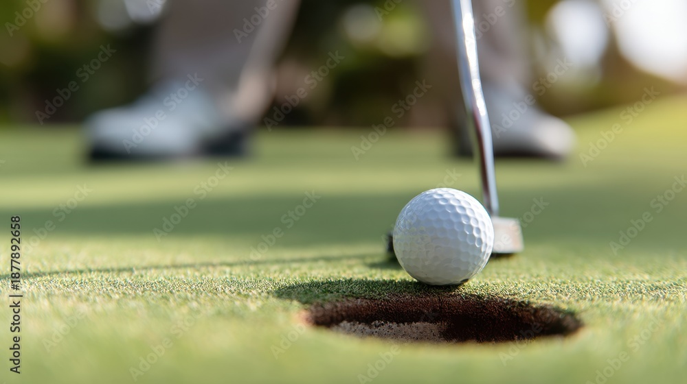 Obraz premium Close-Up of a Golfer Putting a Golf Ball into the Hole on a Green Surface with Focus on the Ball and the Putter