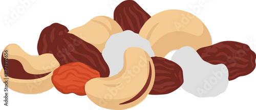 Assorted healthy nuts and dried fruits form a vibrant, textured pile on a white background