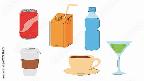 Assortment of beverages including canned drink, juice box, bottled water, coffee, and a cocktail