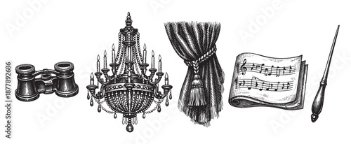 A sketch style illustration showcases binoculars, chandelier, curtain, sheet music, and a baton, creating a theater or opera concept.