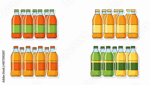Assortment of colorful bottled beverages in a simplified cartoon style