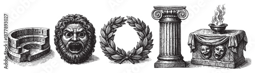 Black and white vintage engraving depicts Greek theater with amphitheater, masks, laurel, column and altar with fire, ideal for historical or cultural themes.