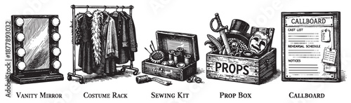 Illustration features stage dressing elements in an engraving style, including a vanity mirror, costume rack, sewing kit, props box, and callboard. Use for theatre, arts, creative pursuits.