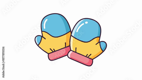 Cartoon-style blue and yellow mittens with pink trim on a white background