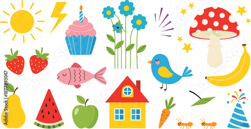 Colorful cute object icon set with fruits animals nature house and playful elements in flat vector illustration