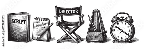 Graphic illustration featuring a script, director's chair, metronome, notebook, and alarm clock, representing filmmaking elements in a black and white vintage style.