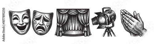 Black and white illustration of drama symbols, including comedy and tragedy masks, a stage with curtains, a spotlight, and applauding hands, useful for theater and performance arts themes.