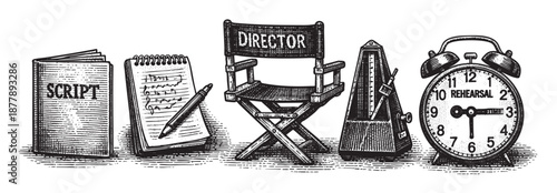 Artistic rendering featuring a director's chair, script, music notes, metronome, and rehearsal clock, conveying concepts of filmmaking, music practice, and creative process.