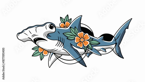 Cartoon hammerhead shark with orange flowers and green leaves, illustrated