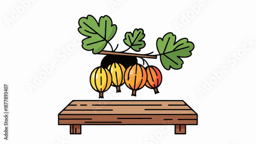Cartoon gooseberries with leaves hang above a rustic wooden display