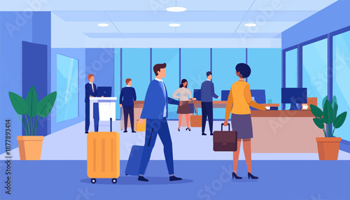 Business professionals with luggage in a modern office reception area