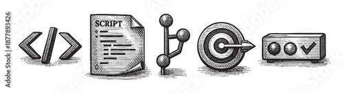 Five black and white icons displaying code, script, network, goal, and success, showcasing the concepts of technology, planning, and achieving goals.