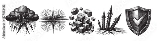 A set of five security icons depicts cloud computing, seismic waves, collapsing blocks, rising sea levels, and data protection in detailed black and white engravings.