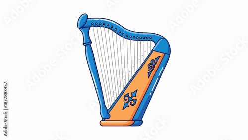 Cartoon harp with blue frame, orange soundboard, and intricate golden designs