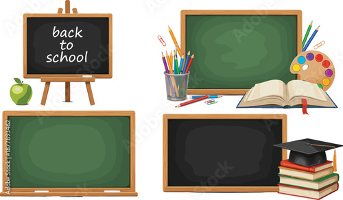 Back to School Blackboard Vector Set with Chalkboards, Books, Art Supplies, and Education Elements for Learning, Teaching, and Academic Design Projects