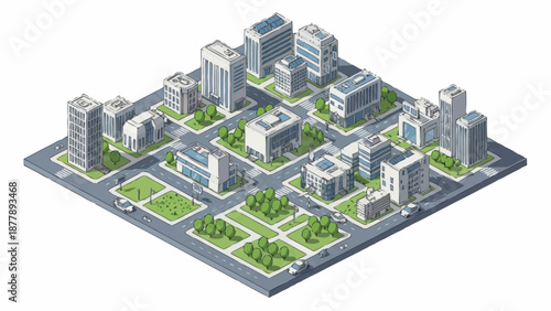 Isometric cityscape with buildings and green spaces.