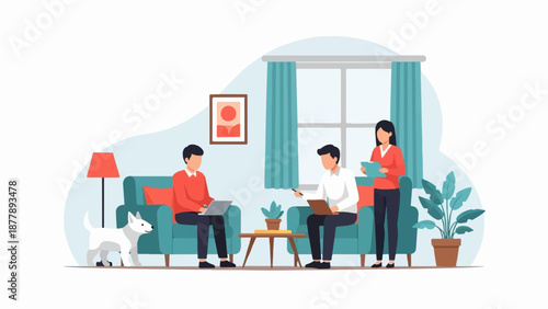 Casual meeting with colleagues and a dog in a cozy living room