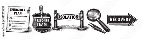 Black and white vector illustration depicts emergency planning, response team, isolation, investigation with magnifying glass, and recovery as a concept for disaster management.
