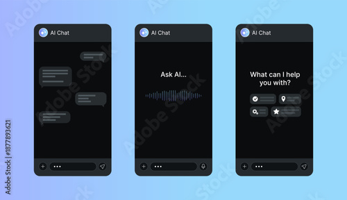 Ai chat mobile screens collection. UI windows design. Speech bubbles, text field, audio chat with icons, vector illustration. Flat style. 